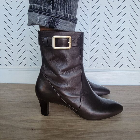 🤩Womens Leather Boots Cole Haan Size 7C Low Kitten Heel Booties Brown Gold New - Picture 3 of 9